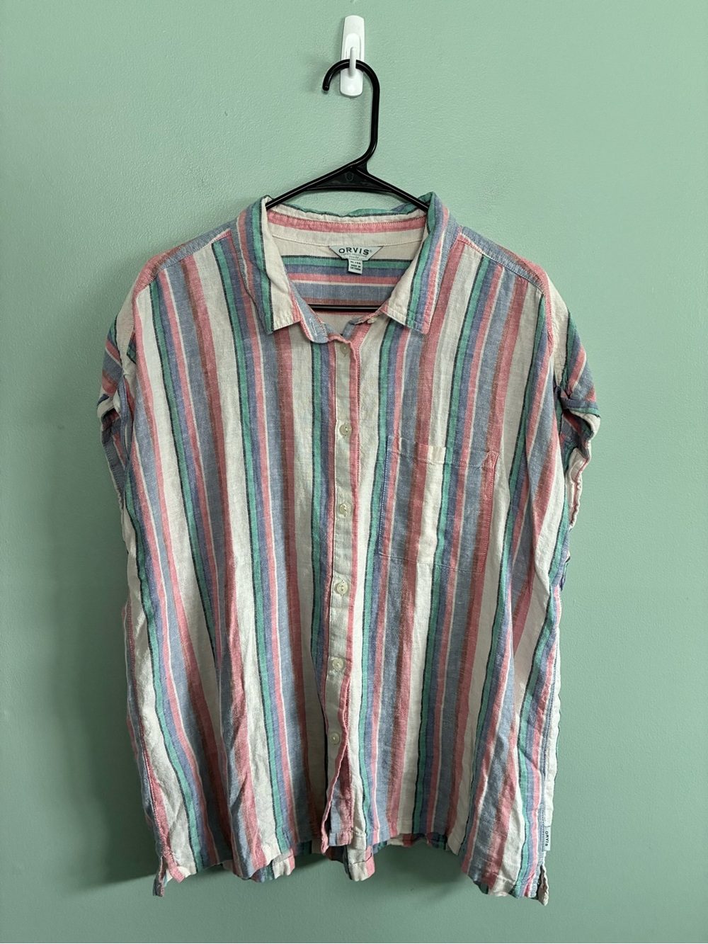 Orvis Womens S/S Button Up LinenBlend Shirt Summer Fishing Top Stripe XL